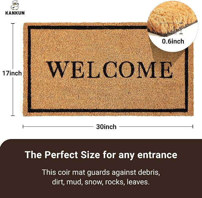 KANKUN Coco Coir Door Mat with Heavy Duty Backing, Welcome Doormat, Doormat - Image 3