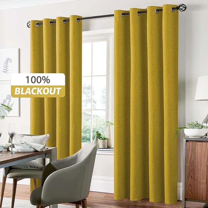 Yakamok Mustard Yellow Linen Curtains 100% Blackout 84 Inches Long, Room - Image 7