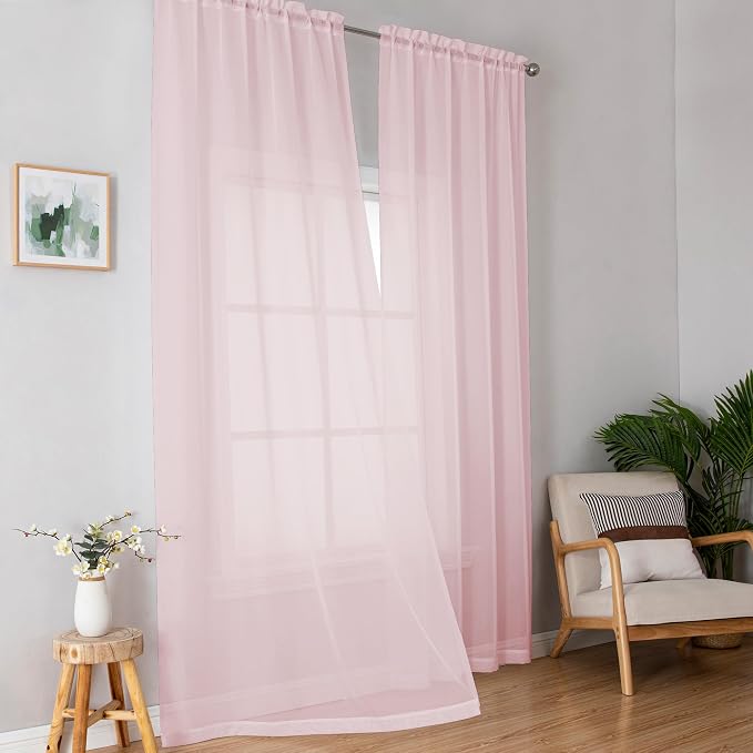 OWENIE Extra Long Sheer Curtains 96 Inches Long, Rod Pocket Airy Solid Blush - Image 2