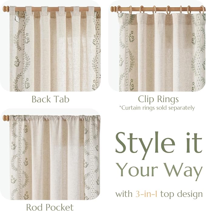 jinchan Belrose Linen Curtains for Bedroom Floral Curtains 90 Inch Length Linen - Image 6