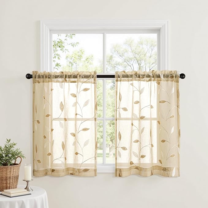 MIULEE Beige Sheer Curtains 2 Panels Embroidered Leaf Patterned Rod Pocket - Image 2