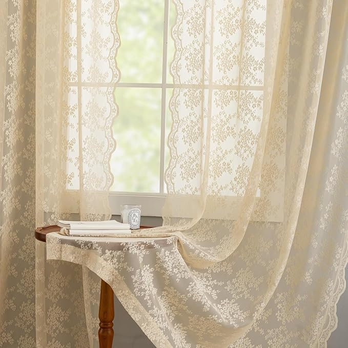 YJ YANJUN Vintage Lace Curtains 108 Inches Long-Victorian Floral Beige Sheer - Image 5