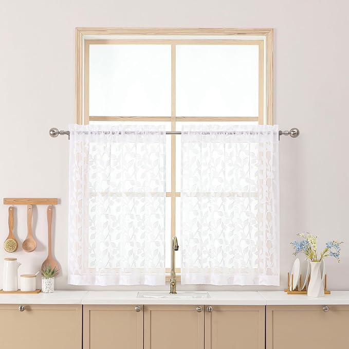 Chyhomenyc White Sheer Curtains 30 Inch Length, Light Filtering Leaf Tufted by Chyhomenyc
