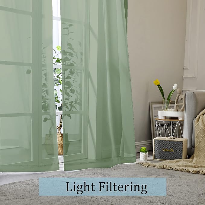 OWENIE Sage Green Sheer Curtains 96 Inches Long 2 Panels Set, Elegant Sheer - Image 2