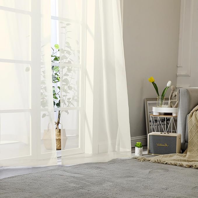 Lecloud Cream Sheer Curtains 90 Inches Long 2 Panels, Elegant Light Filtering - Image 2