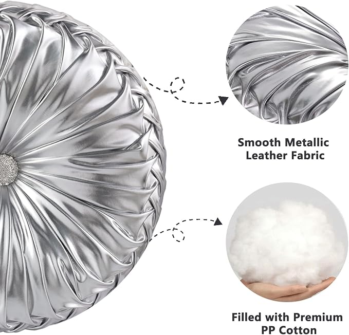 HIG Set of 2 Handcrafted Silver Ruched Round Throw Pillows – 14.5’’ Metallic - Image 3
