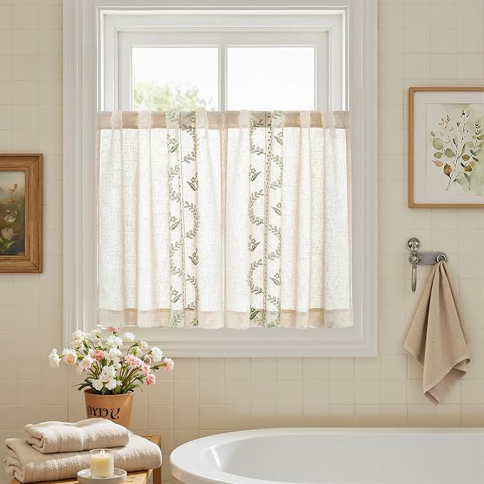 jinchan Belrose Linen Floral Kitchen Curtains 36 inch Length Embroidered - Image 9