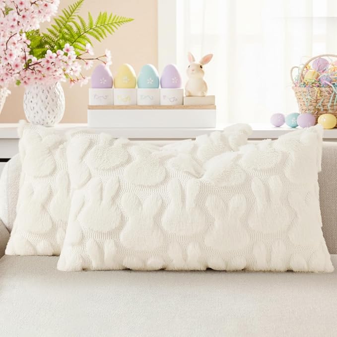 decorUhome Easter Bunny Pillow Covers 12x20 Inch Set of 2, Soft Plush Faux Wool by decorUhome