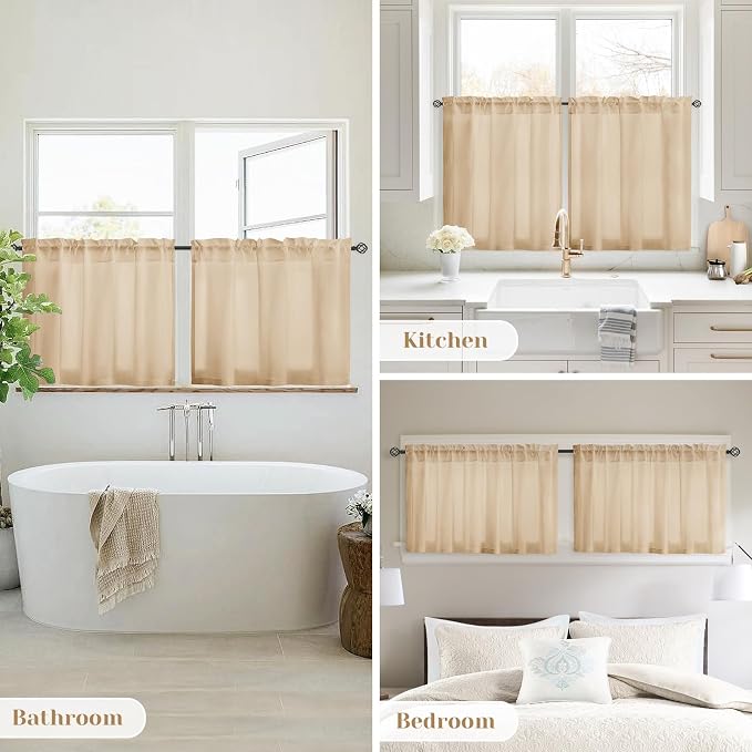 HOMEIDEAS Non-See-Through Beige Privacy Sheer Kitchen Curtains, 30 X 24 Inches - Image 8