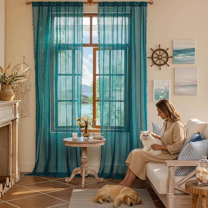 WAZZIO Boho Lace Curtains 96 Inches 2 Panel, Light Filtering Privacy Tassel & - Image 3