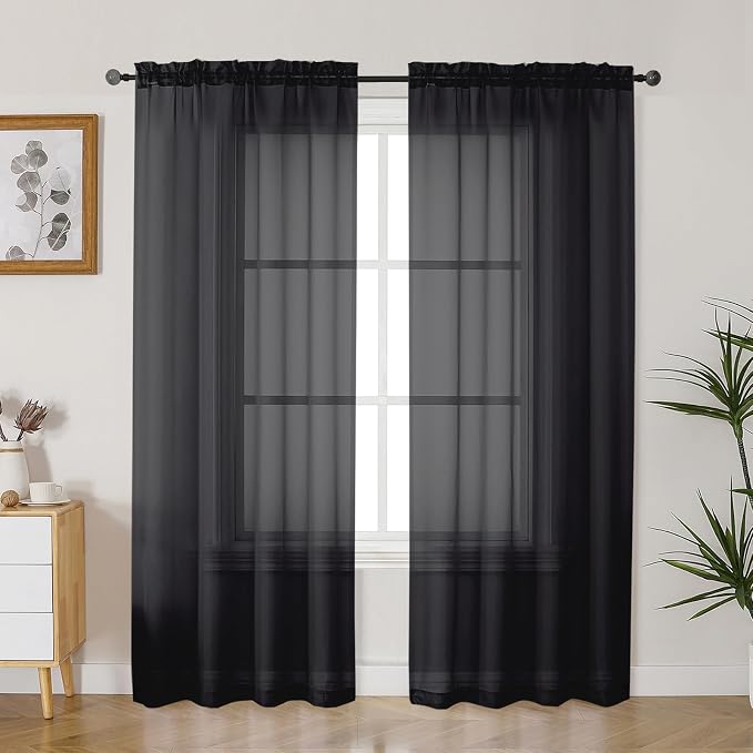 Gwine Black Sheer Curtains 72 Inches Long 2 Panels, Light Filtering Sheer by Gwine
