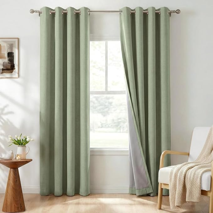 100% Blackout Linen Textured Curtains 90 Inch Long, Sage Green | 100% Blackout by 100BlackoutShield