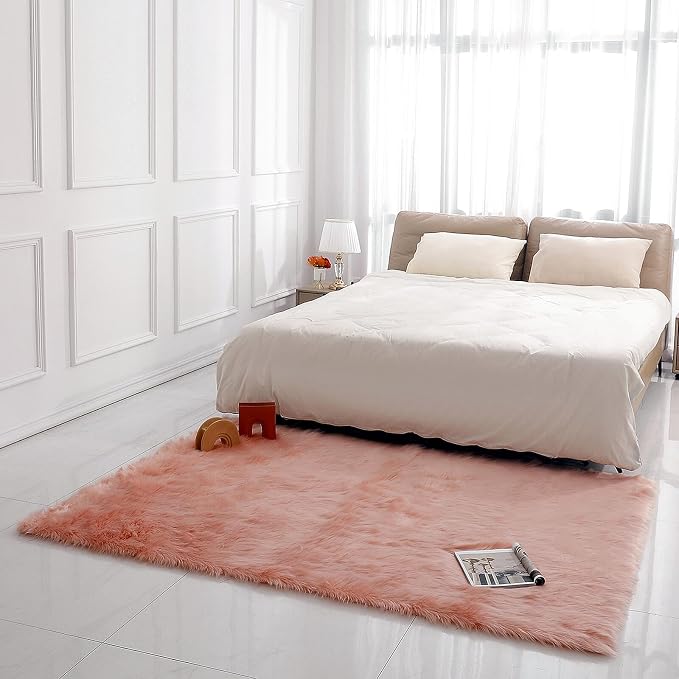 linmopm Faux Fur Rug Sheepskin Shag Fluffy Fuzzy 5x7 ft Pink Rugs - Image 2