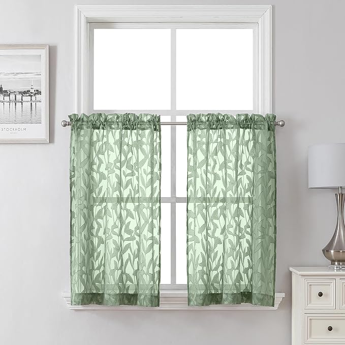 Lecloud Leia Sheer Sage Green Kitchen Curtains 36 Inch Length 2 Pcs, Jacquard by Lecloud