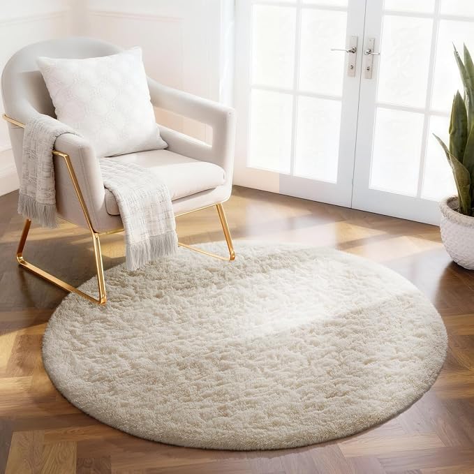 Ophanie Round Rug 2Ft Ivory Circle Area Rug, Fluffy Fuzzy Bedroom Carpet by Ophanie