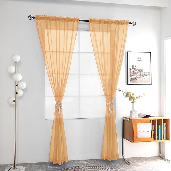 youleyar Solid Sheer Rod Pocket Curtain Voile Draperies 2 Panels White Beige - Image 2
