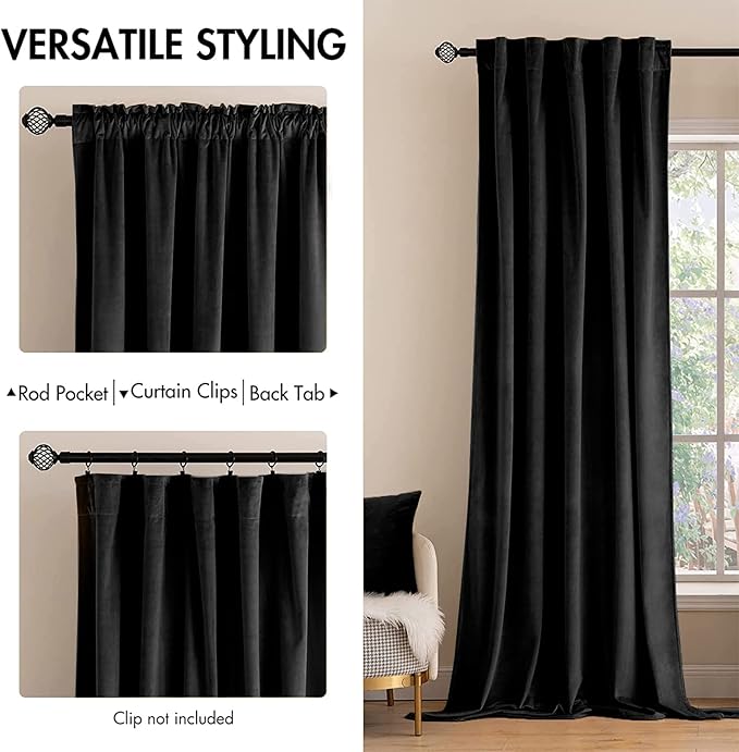 MIULEE Black Velvet Curtains 108 inches Long 2 Panels - Image 2