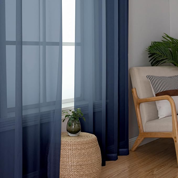Lecloud Navy Blue Sheer Curtains 78 Inches Long 2 Panels, Light Filtering Voile - Image 2
