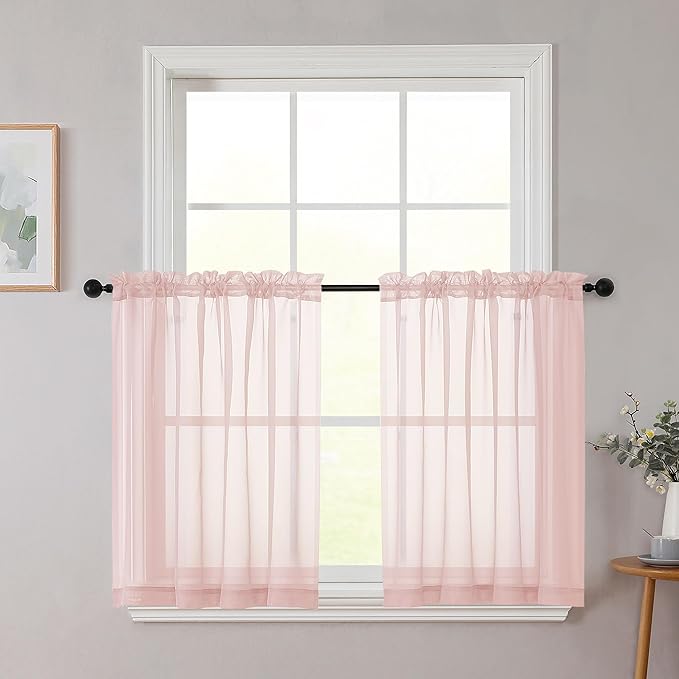 Blush Kitchen Curtains 30 Inch Length Tier 2 PCS, Solid Soft Airy Half Curtains by WelvetBLK
