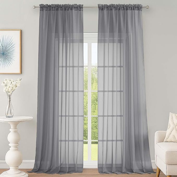 OWENIE Sheer Grey Curtains 108 Inches Long by OWENIE