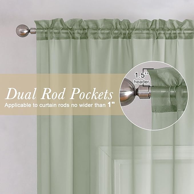 Lecloud Sage Green Sheer Curtains 72 Inches Long 2 Panels Set, Rustic Voile - Image 2