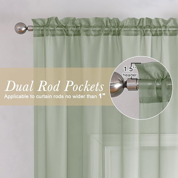 Lecloud Sage Green Short Sheer Curtains 14 Inch Length 2 PCS, Cafe Kithen - Image 2
