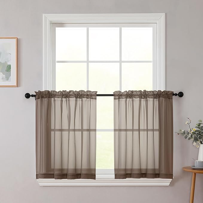 Kitchen Curtains 24 Inch Length Tier 2 Pieces, Chocolate Sheer Curtain Solid by WelvetBLK