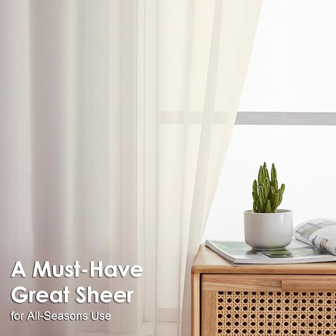 OVZME Cream Sheer Curtains 54 Inches Long 2 Panels - Image 3
