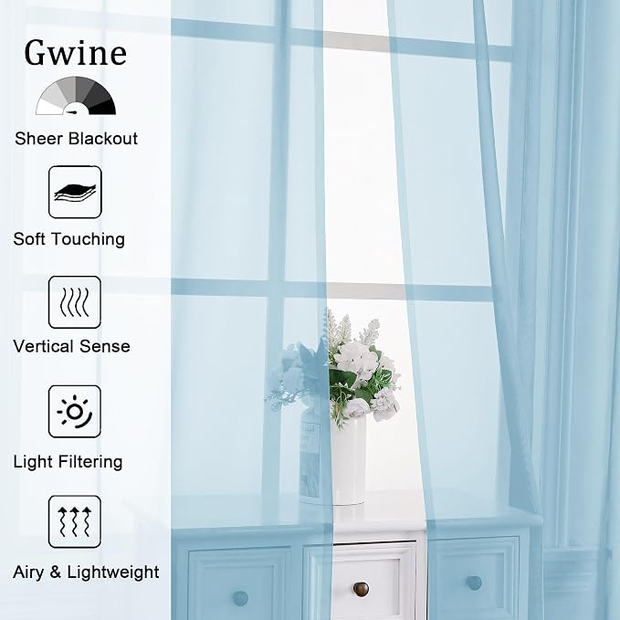 Gwine Sky Blue Sheer Curtains 72 Inches Long 2 Panels Set - Image 2