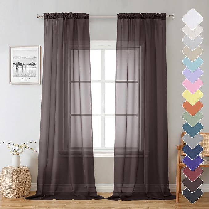 Lecloud Chocolate Sheer Curtains 96 Inches Long 2 Panels, Voile Breathable by Lecloud