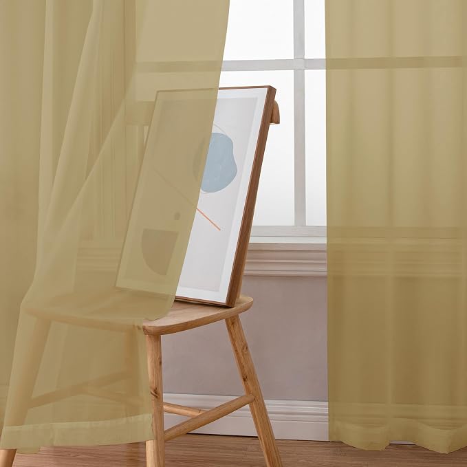 OWENIE Gold Sheer Curtains 84 Inch Length 2 Panels Set, Light Filtering Voile - Image 3