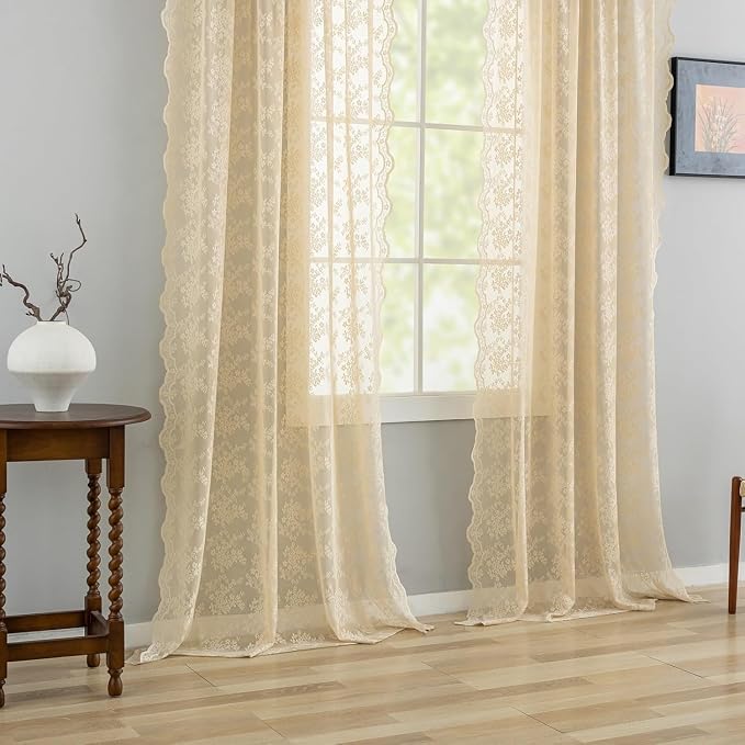 YJ YANJUN Vintage Lace Curtains 102 Inch Long-Victorian Floral Pattern Beige - Image 5