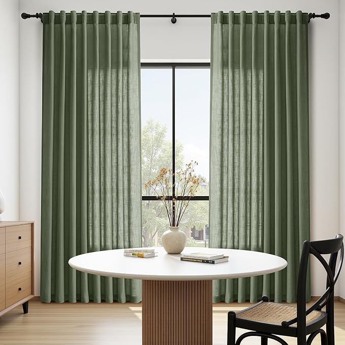 Nanspring Olive Green Linen Blend Semi Sheer Curtains 102 Inches Long x 60 - Image 8