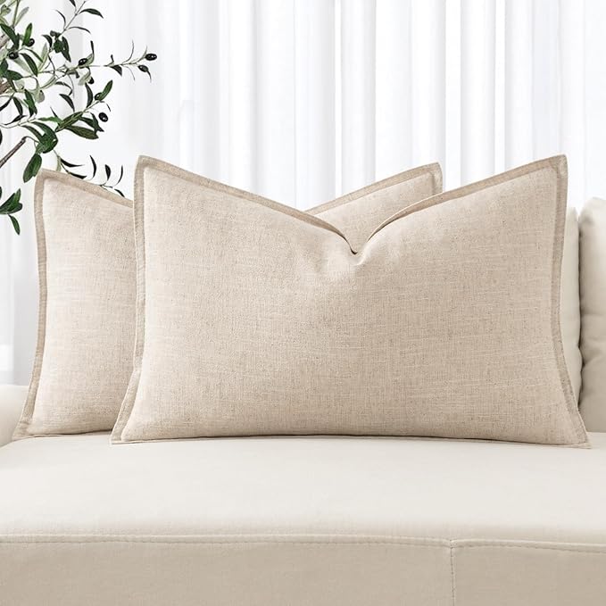 MIULEE Decorative Linen Lumbar Pillow Covers 12x20 Inch Natural Beige Boho by MIULEE