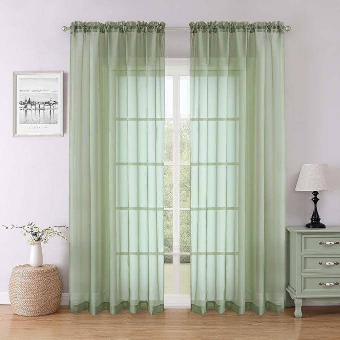 Lecloud Sage Green Sheer Curtains 84 Inches Long 2 Panels Set, Solid Airy Voile by Lecloud