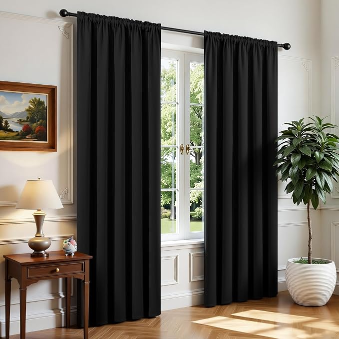 CUCRAF Black Blackout Curtains 72 inch Length 2 Panels Set, Rod Pocket Room by CUCRAF