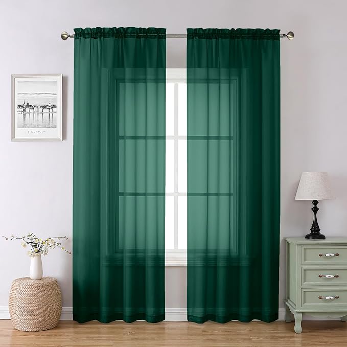 Lecloud Hunter Green Sheer Curtains 84 Inches Long 2 Panels Set, Rod Pocket by Lecloud