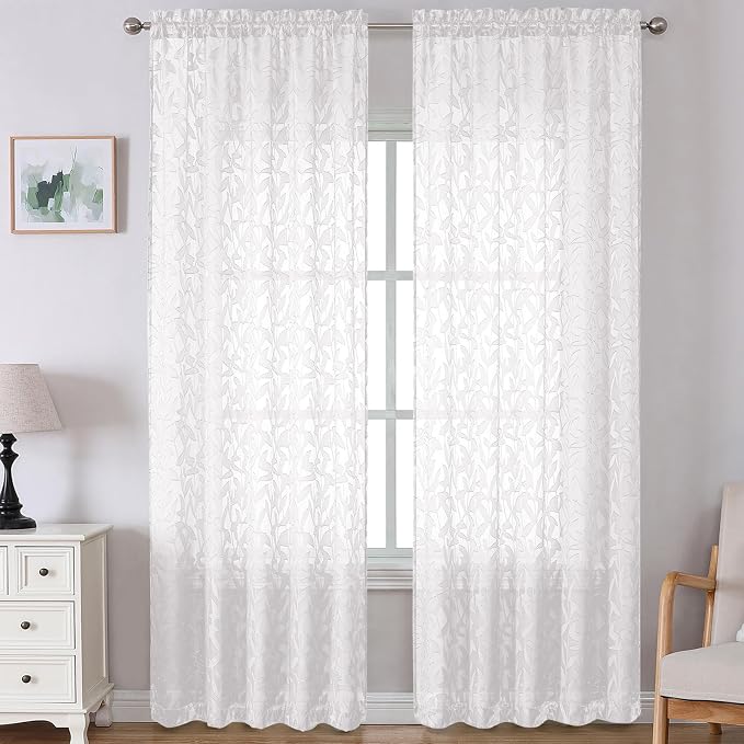 Lecloud Leia White Sheer Curtains 108 Inches Long 2 Panels, Airy Jacquard Leaf by Lecloud