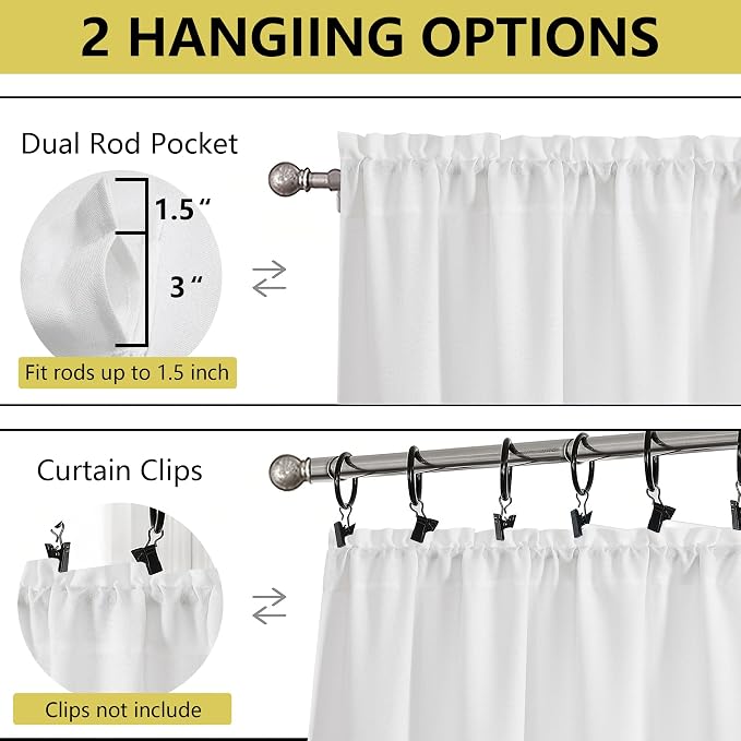 White Valances for Windows, Light Filtering Faux Linen Textured Small Short - Image 4
