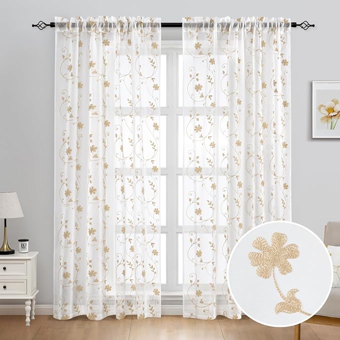 HOMEIDEAS Yellow Sheer Curtains 96 Inches Long 2 Panels Yellow and White - Image 2