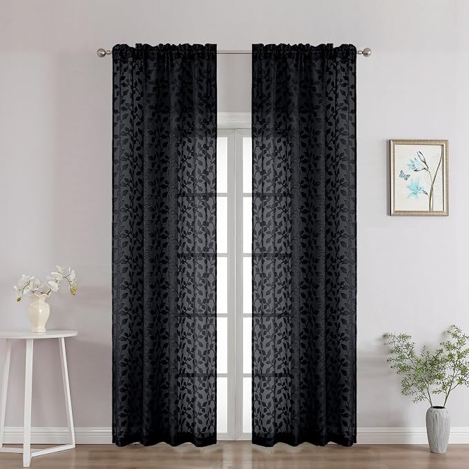Chyhomenyc Black Sheer Curtains 90 Inch Length 2 Panels Set, Light Filtering by Chyhomenyc