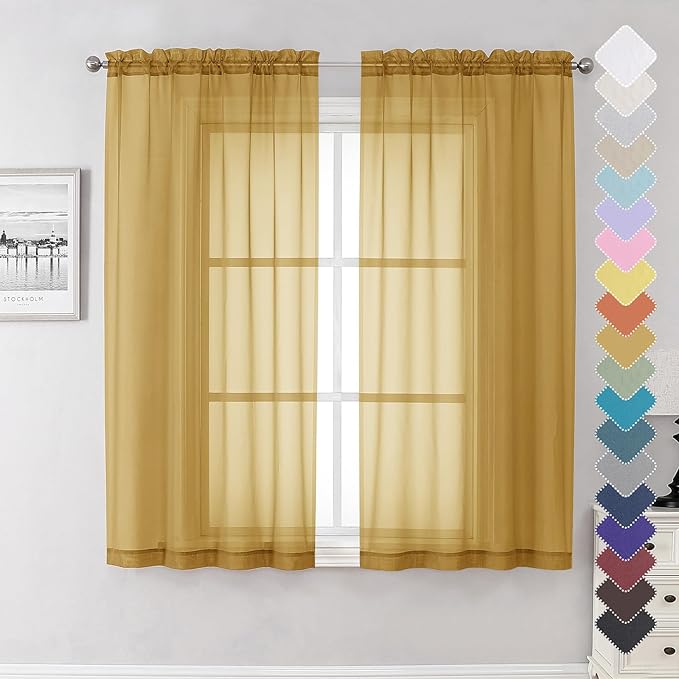 Lecloud Gold Sheer Curtains 63 Inch Length 2 Panels, Airy Light Filtering Voile by Lecloud