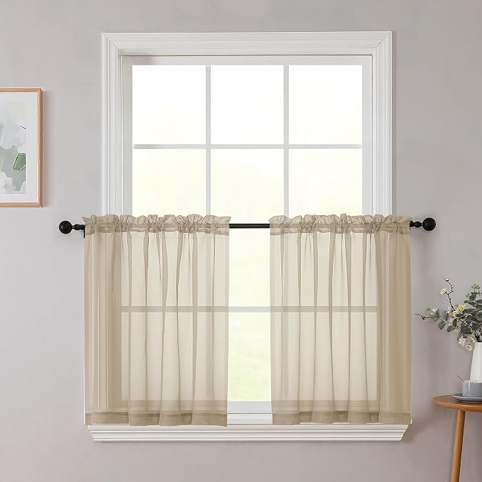 Kitchen Curtains 24 Inch Length Tier 2 Pieces, Taupe Sheer Curtain Solid Soft by WelvetBLK