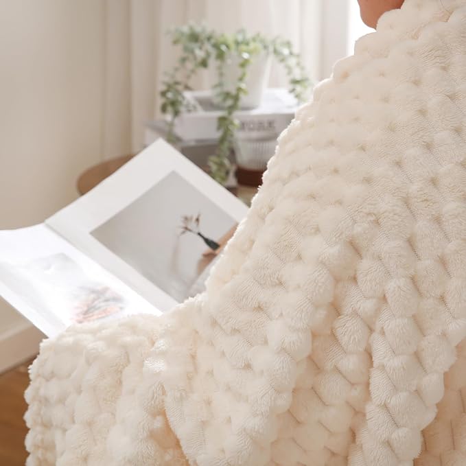 Puncuntex Cream White Throw Blanket 90"×90" inches Fuzzy 3D Jacquard Decorative - Image 4