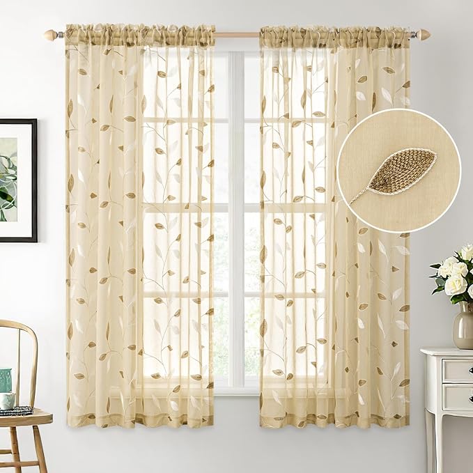 MIULEE Beige Sheer Curtains 2 Panels Embroidered Leaf Patterned Rod Pocket - Image 2
