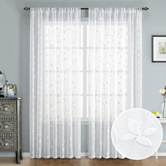 HOMEIDEAS White Sheer Curtains 52 X 96 Inches Length 2 Panels Embroidered Vine by HOMEIDEAS