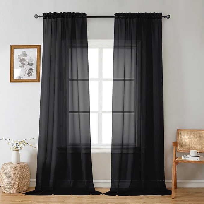 Gwine Extra Long Black Sheer Curtains 120 Inches Long 2 Panels Set, Voile Light by Gwine