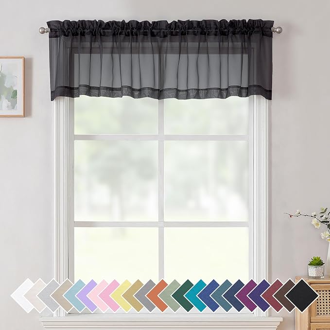 Aiyufeng 2 Panels Black Sheer Valance 14 Inch Length, Short Black Sheer Curtains by Aiyufeng