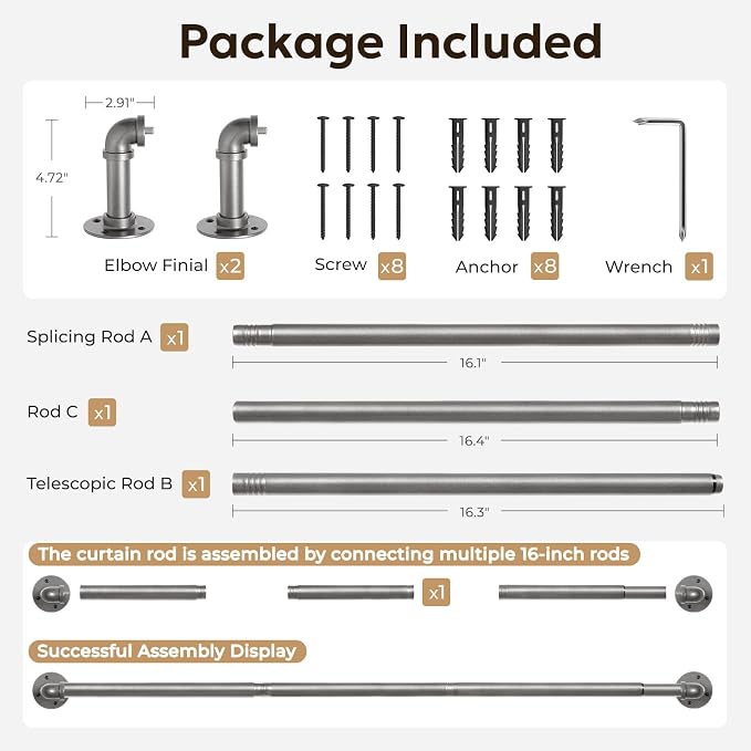 Zeerobee Curtain Rods for Windows 32 to 48, 1 Inch Industrial Wrap Around Grey - Image 7