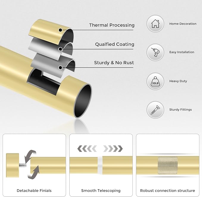 VOIIY 2 Pack Gold Curtain Rods for Windows 48 to 84 Inch, Size:36-88 Inch - Image 7